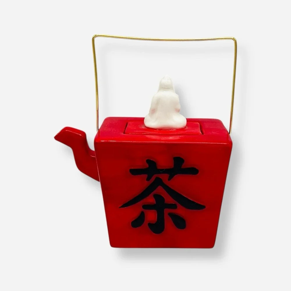 Fitz Floyd Ceramic Red Take Out Chinese Food Box Teapot Tea Buddha‎